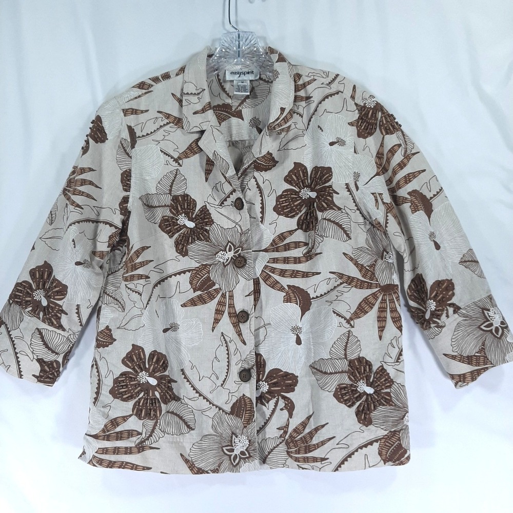Easy Spirit Womens 100% Linen Tropical Floral Beaded Button Up Shirt Tan Brown M